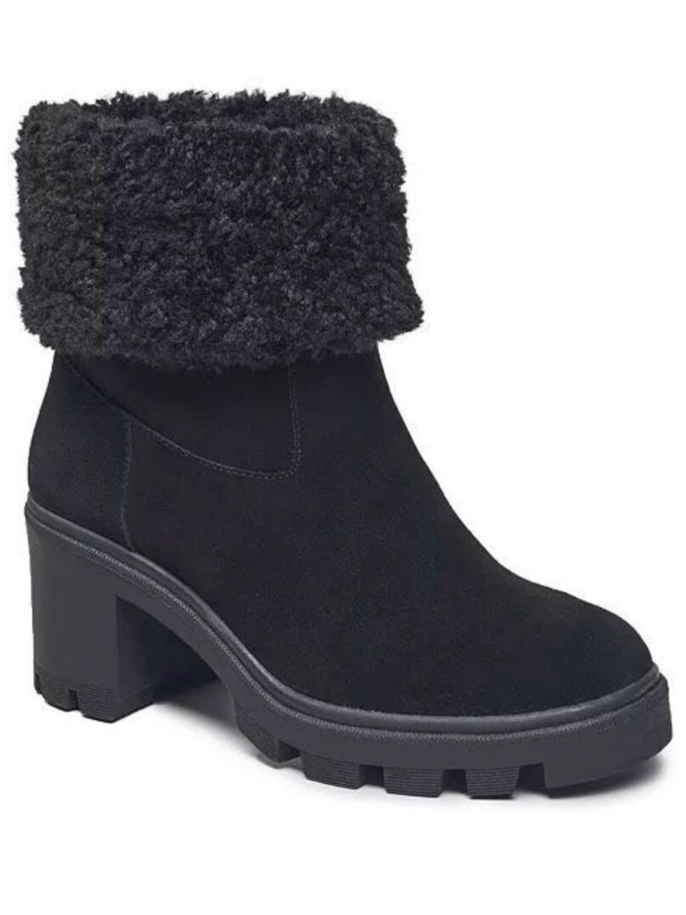 Splendid Margo Black Faux-Shearling Cuff Block Heel Ankle Boots
